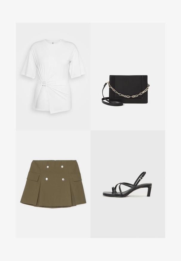 T-shirt bianco in morbido cotone, con maniche corte, dettaglio a nodo torsadato sul davanti e anello decorativo in vita.; Gonna mini verde oliva realizzata in tessuto testurizzato, con dettagli di bottoni argentati doppi e tasche laterali con design plissettato.; Sandalo nero con cinturini, dalla punta squadrata e tacco basso a blocco. Presenta diversi cinturini sottili e una cinturini regolabile alla caviglia. Realizzato in pelle liscia.; Borsa a tracolla nera in pelle con una texture liscia, forma rettangolare e dettaglio in catena metallica sul davanti. Inclusa una tracolla regolabile.; Bracciale lucido beige realizzato in resina liscia. Forma rotonda con una superficie uniforme e un piccolo logo dorato all'interno.