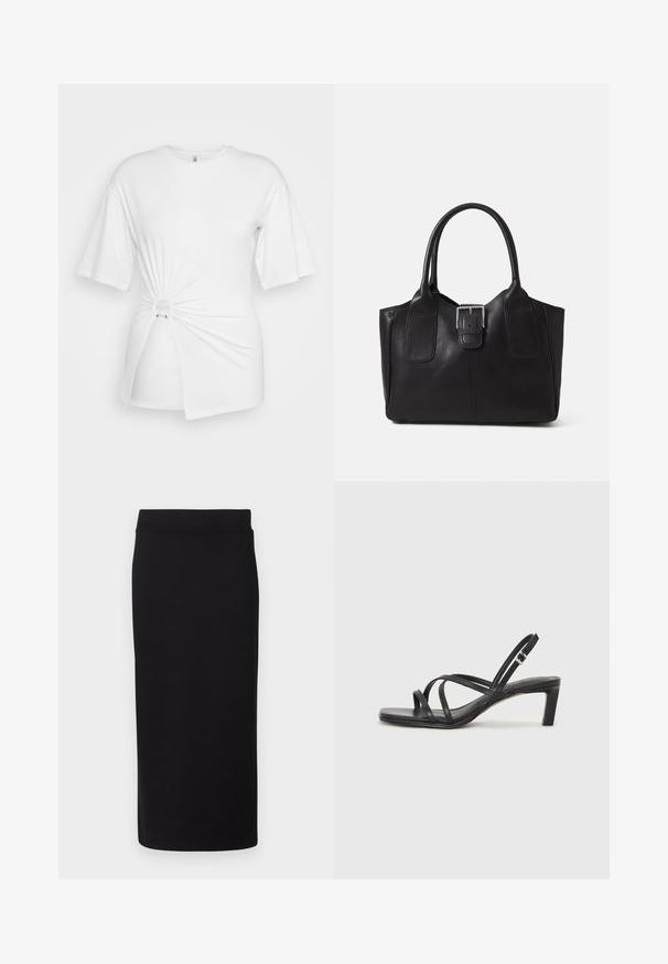 Bela majica iz mehkega bombaža, z kratkimi rokavi, podrobnostjo v obliki zasukane vozle spredaj in okrasnim obročem okoli pasu.; Črna krilo do kolen, narejena iz mehke, raztegljive tkanine. Ima brezšiven pas in oprijet silhueto z gladko teksturo.; Črne natikače s trakovi in kvadratnim prstom ter nizkim blokastim peto. Imajo več tankih trakov in nastavljiv trak okoli gležnja. Narejene so iz gladkega usnja.; Črna usnjena torba s gladko teksturo, strukturirano obliko, dvema ročkama in izrazitim srebrnim sponko na sprednji strani.