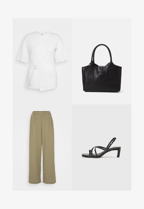 Biele tričko vyrobené z mäkkej bavlny, s krátkymi rukávmi, so zaobleným uzlom vpredu a akcentovaným prstencom v oblasti pása.; Olivovo zelené nohavice širokého strihu vyrobené z textúrovanej látky, s vysokým pásom a detailmi v podobe skladačiek na prednej strane. Jednoduchý a uvoľnený dizajn.; Čierne sandále na vysokom podpätku so štvorcovou špičkou a nízkym blokovým podpätkom. Obsahujú viacero tenkých popruhov a nastaviteľný členkový popruh. Vyrobené z hladkej kože.; Čierna kožená taška s hladkou textúrou, štruktúrovaným tvarom, dvoma uchami a výrazným strieborným prackovým detailom na prednej strane.