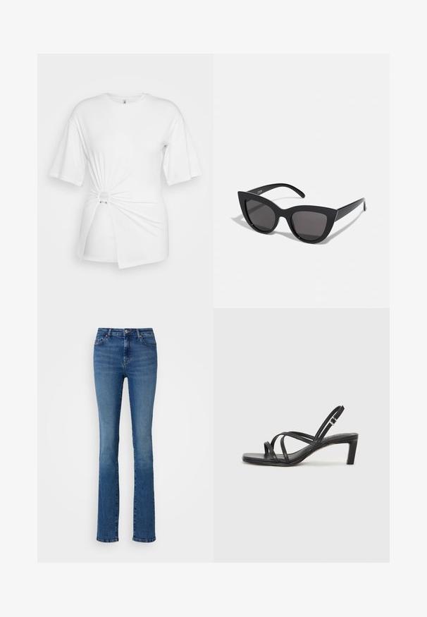 Balts T-krekls, kas izgatavots no mīkstas kokvilnas, ar īsām piedurknēm, priekšpusē ir pagrieztās mezgla detaļa un akcentējoša gredzena detaļa jostasvietā.; ONLY Tall ONLSUI MID - Pieguloša piegriezuma džinsi - medium blue denim; Melnas strappy sandales ar kvadrātveida purngaliem un zemu bloku papēdi. Ievērojamas ar vairākiem plāniem siksniņām un regulējamu potītes siksniņu. Izgatavotas no gludas ādas.; Melnas kaķa acs saulesbrilles ar matētu apdari, ar pelēkiem tonētiem stikliem, izteiktiem stūriem un elegantiem sānu rokturiem. Zīmola nosaukums redzams uz iekšējā roktura.