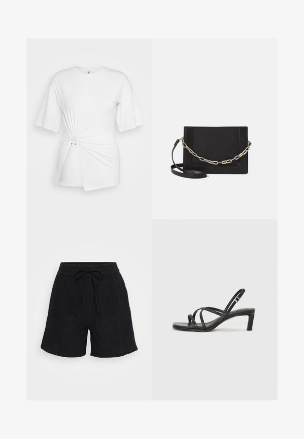 T-shirt blanc en coton doux, avec des manches courtes, un détail de nœud torsadé à l'avant et un anneau accentué à la taille.; Shorts en lin noirs avec une taille élastique, cordon de serrage ajustable et texture verticale subtile. Coupe décontractée, longueur mi-thigh.; Sandale noire à lanières avec un bout carré et un petit talon bloc. Elle présente plusieurs fines lanières et une sangle de cheville ajustable. Fabriquée en cuir lisse.; Sac bandoulière en cuir noir avec une texture lisse, de forme rectangulaire et un détail en chaîne métallique à l'avant. Sangle réglable incluse.