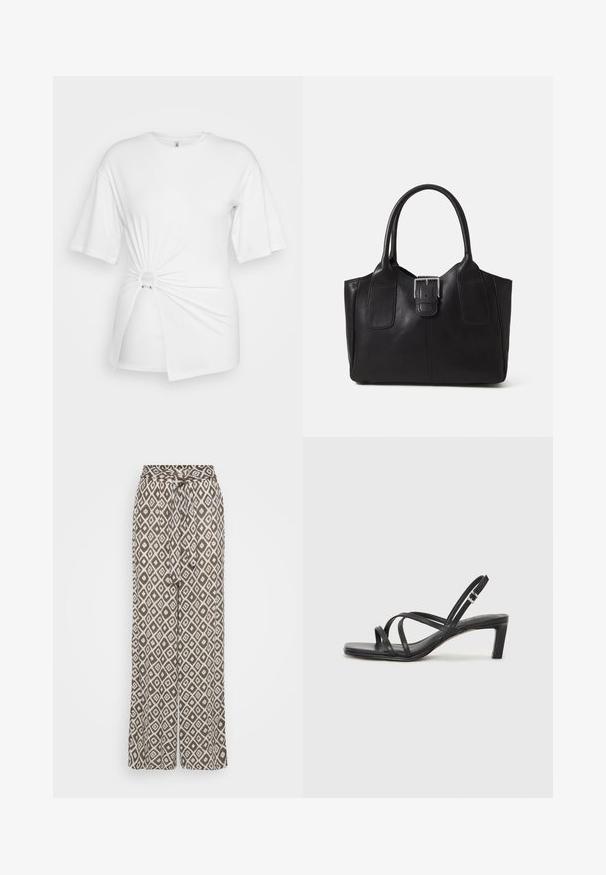 Bela majica iz mehkega bombaža, z kratkimi rokavi, podrobnostjo v obliki zasukane vozle spredaj in okrasnim obročem okoli pasu.; Široke hlače iz lahkega materiala, z rjavo podlago in belimi diamantnimi vzorci ter zavezovanjem v pasu za prilagodljivo prileganje.; Črne natikače s trakovi in kvadratnim prstom ter nizkim blokastim peto. Imajo več tankih trakov in nastavljiv trak okoli gležnja. Narejene so iz gladkega usnja.; Črna usnjena torba s gladko teksturo, strukturirano obliko, dvema ročkama in izrazitim srebrnim sponko na sprednji strani.