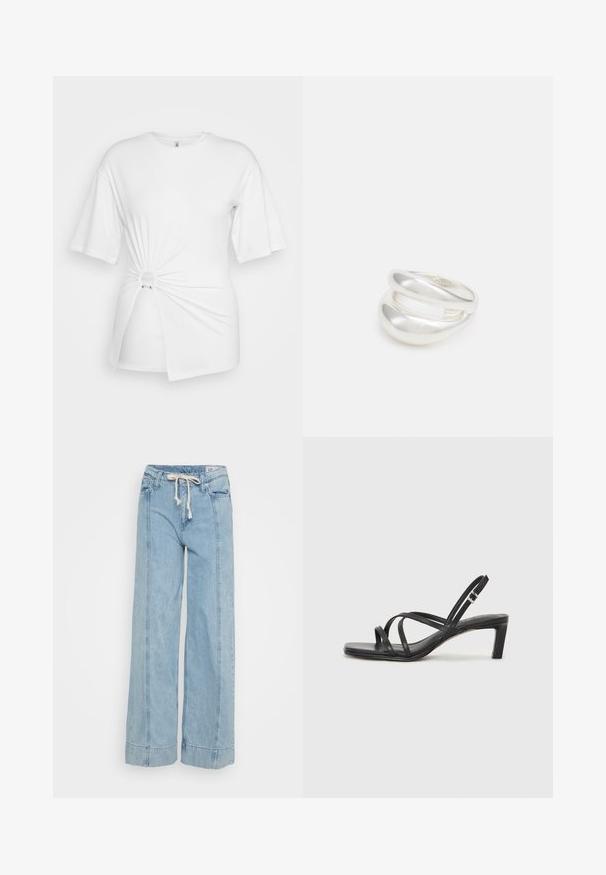 White T-shirt made of soft cotton, featuring short sleeves, a twisted knot detail at the front, and an accent ring at the waist.; Light blue wide-leg jeans made of denim. Features a drawstring waist, subtle stitching details, and cuffed hems.; Black strappy sandal with a square toe and a low block heel. Features multiple thin straps and an adjustable ankle strap. Made of smooth leather.; Silver double-band ring with a smooth, polished surface. Features a fluid, curved design with overlapping sections for a modern look.