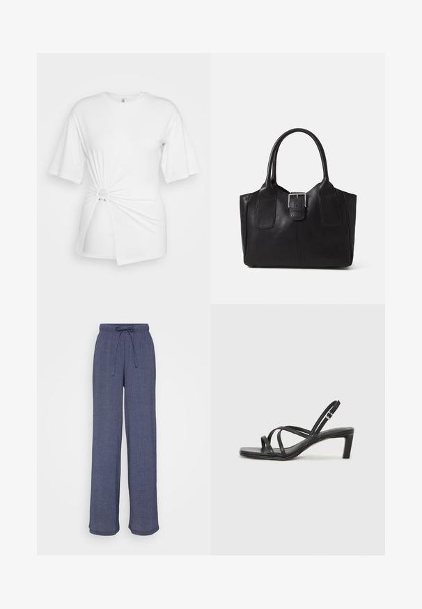 Balts T-krekls, kas izgatavots no mīkstas kokvilnas, ar īsām piedurknēm, priekšpusē ir pagrieztās mezgla detaļa un akcentējoša gredzena detaļa jostasvietā.; Jūras spēku plaša kāju bikses, kas izgatavotas no teksturēta auduma, ar elastīgu jostu un auklu, kā arī brīvu piegriezumu visā kāju garumā.; Melnas strappy sandales ar kvadrātveida purngaliem un zemu bloku papēdi. Ievērojamas ar vairākiem plāniem siksniņām un regulējamu potītes siksniņu. Izgatavotas no gludas ādas.; Melnas ādas somiņa ar gludu tekstūru, strukturētu formu, divām rokturām un izteiktu sudraba sprādzi priekšpusē.