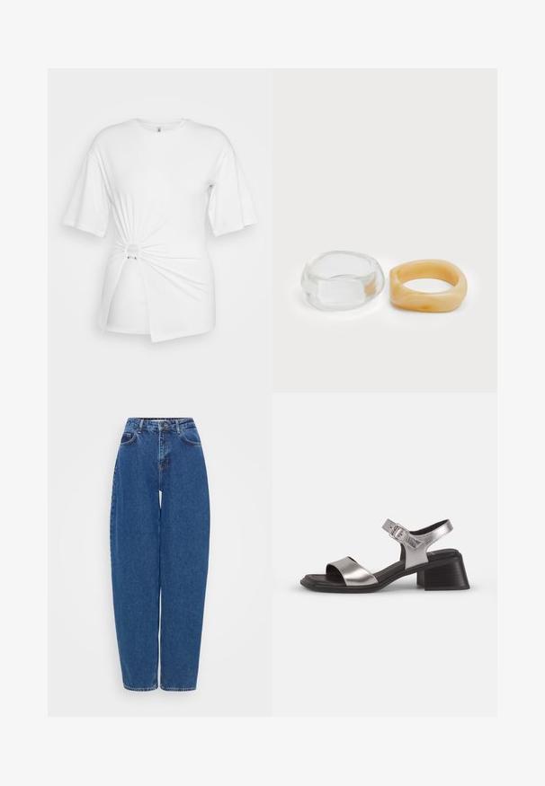 Bela majica iz mehkega bombaža, z kratkimi rokavi, podrobnostjo v obliki zasukane vozle spredaj in okrasnim obročem okoli pasu.; Modri kavbojki z ohlapnim krojem, visokim pasom in ravnim krojem hlač. Imajo tradicionalne šive in pet žepov.; Srebrne usnjene sandale z odprtim prstom, ki imajo širok sprednji trak, trak okoli gležnja s sponko in srednjo blok peto.; Jasni in jantarni smolnati prstani, en je gladek in prozoren, drugi pa s teksturiranim jantarjem. Obe imata zaobljene, debele oblike.