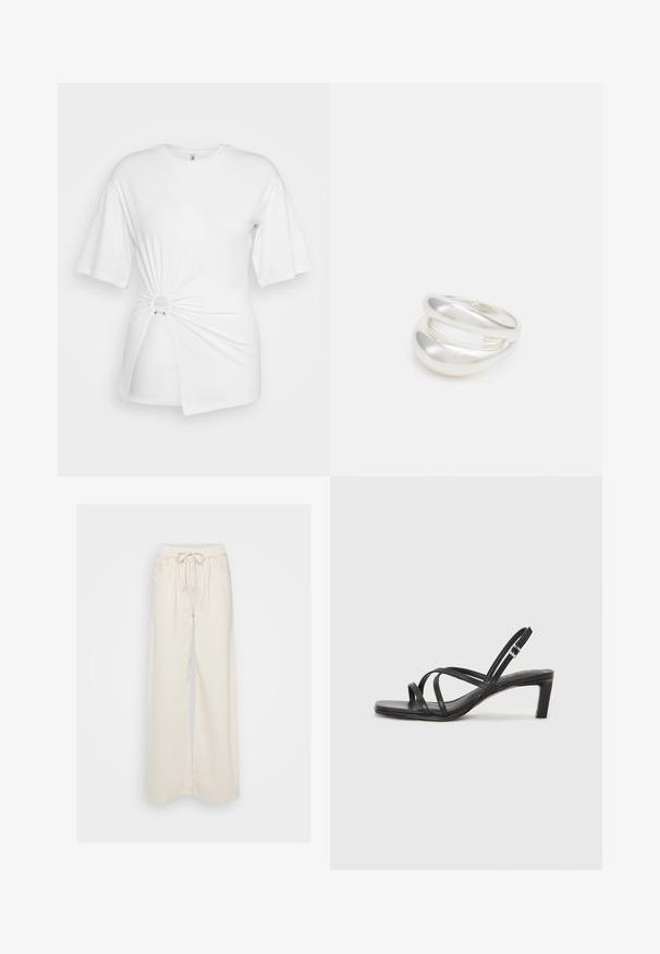 White T-shirt made of soft cotton, featuring short sleeves, a twisted knot detail at the front, and an accent ring at the waist.; Cream-colored wide-leg pants made of soft fabric with an elastic waistband and drawstring. Features two side pockets.; Black strappy sandal with a square toe and a low block heel. Features multiple thin straps and an adjustable ankle strap. Made of smooth leather.; Silver double-band ring with a smooth, polished surface. Features a fluid, curved design with overlapping sections for a modern look.
