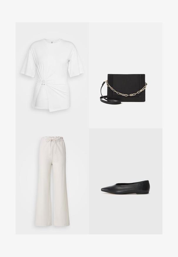 Balta marškinėliai, pagaminti iš minkštos medvilnės, su trumpomis rankovėmis, suktos mazgo detalėmis priekyje ir akcento žiedu liemenyje.; Šviesiai smėliniai plačios kojų kelnės su elastinga juosmens juosta ir reguliuojamu raiščiu. Pagamintos iš lygios medžiagos; turi paprastą, nepuošiamą dizainą.; Juodas odinis baleto batas, su smailiu pirštu, minimalistinio dizaino, lygiu paviršiumi, žemo profilio kulnu, be matomos aparatūros ar papuošimų.; Juodas odinis per petį nešiojamas krepšys turi lygų paviršių, stačiakampio formą ir metalinę grandinėlę priekyje. Pridedama reguliuojama dirželis.