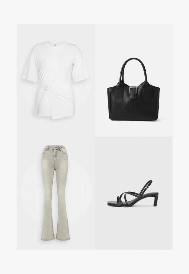 Valkoinen T-paita, joka on valmistettu pehmeästä puuvillasta, lyhyillä hihoilla, etuosassa kierretty solmuja sekä vyötäröllä korostusrenkaat.; Vaaleanharmaat flare-farkut korkealla vyötäröllä, valmistettu denimmateriaalista, joissa on vetoketjufiilis ja hienovarainen ompelu saumoissa.; Mustat hihnalligat, joissa on neliön muotoinen kärki ja matala lohkokorko. Ominaisuuksiin kuuluu useita ohuita hihnoja ja säädettävä nilkkahihna. Valmistettu sileästä nahasta.; Musta nahkainen olkalaukku, jossa on sileä pinta, ryhdikäs muoto, kaksi kahvaa ja silmienpistävä hopeinen solkiyksityiskohta edessä.