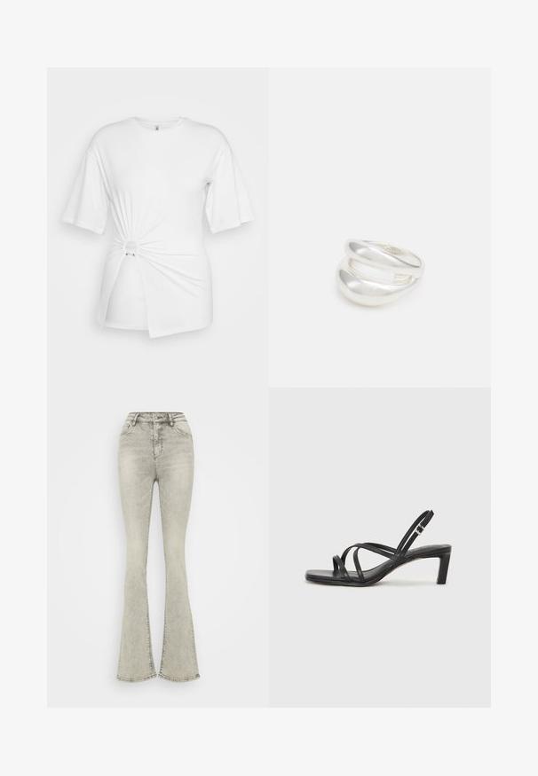 Valge T-särk, mis on valmistatud pehmest puuvillast, lühikeste varrukatega, ees keerduva sõlme detailiga ja vöökoha juures aktsent rõngaga.; Heled hõbedased laiad teksad kõrge vöökohaga, valmistatud denimist, millel on tõmblukk ja peened õmblused õmbluste ääres.; Mustast rihmajalatsid ruudukujulise varba ja madala ploki kontsaga. Omab mitmeid õhukesi rihmasid ja reguleeritavat pahkluu rihma. Valmistatud siledast nahast.; Hõbedane kahekordne rõngas sujuva, poleeritud pinnaga. Omab voolavat, kõverat disaini, millel on kattuvad sektsioonid, et saavutada kaasaegne ilme.