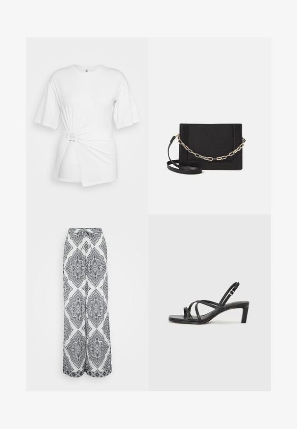 Fehér póló, puha pamutból készült, rövid ujjakra jellemző, elöl csavarodott csomó részlettel és derék körüli akcentusgyűrűvel.; Fekete-fehér geometrikus mintás, bő szárú nadrág. Zsinóros derékkal, könnyű anyagból készült, és légies szabású.; Fekete pántos szandál négyzetes orral és alacsony blokk sarkal. Több vékony pánttal és állítható boka pánttal rendelkezik. Sima bőrből készült.; Fekete bőr keresztpántos táska, sima textúrával, téglalap alakú és fém lánc részlettel az elején. Állítható pánttal ellátva.