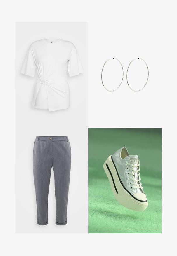 Biele tričko vyrobené z mäkkej bavlny, s krátkymi rukávmi, so zaobleným uzlom vpredu a akcentovaným prstencom v oblasti pása.; Sivé nohavice na mieru s hladkou, tkanou textúrou, manžetami v spodnej časti, prednými vreckami a zapínaním na gombík v oblasti pásu.; Metalické strieborné tenisky s platformovou podrážkou, bielymi šnúrkami a čiernymi akcentmi. Majú zaoblenú špičku a texturovanú gumovú podošvu.; Strieborné kruhové náušnice s hladkým, okrúhlym dizajnom a lesklým povrchom. Sú tenké a ľahké, s jednoduchým uzáverom.