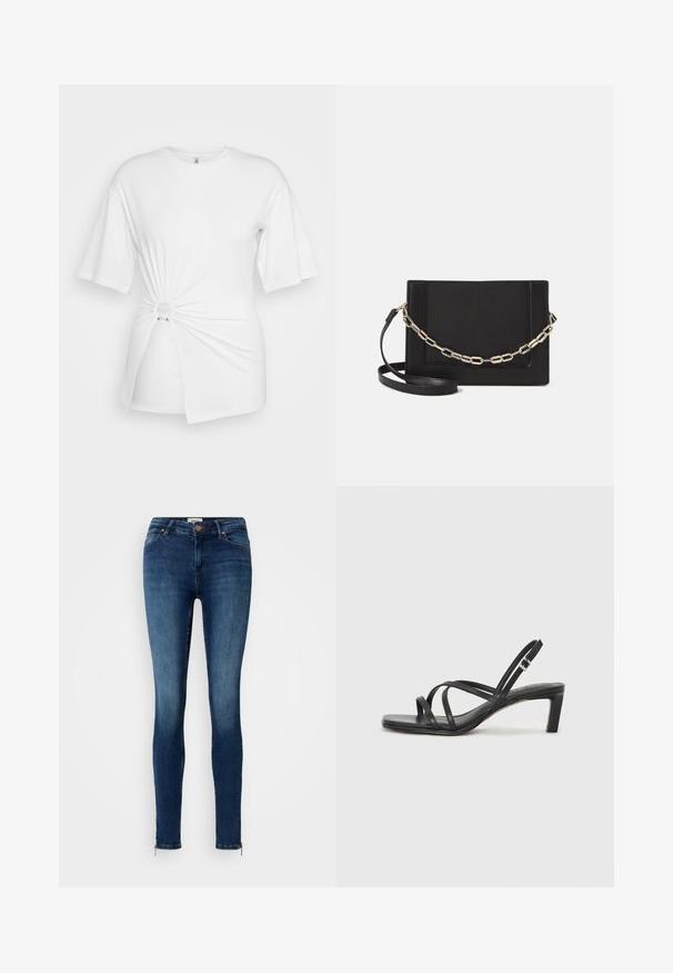 Balta marškinėliai, pagaminti iš minkštos medvilnės, su trumpomis rankovėmis, suktos mazgo detalėmis priekyje ir akcento žiedu liemenyje.; Lieknos džinsai tamsiai mėlynos spalvos su šiokiu tokiu nudilimu, užtrauktuko akcentai kulkšnies srityje, klasikinis penkių kišenių dizainas ir mygtuko uždarymas.; Juodi šlepetės su kvadratiniu pirštu ir žemu bloku kulnu. Yra keli ploni dirželiai ir reguliuojamas kulkšnies diržas. Pagaminti iš lygios odos.; Juodas odinis per petį nešiojamas krepšys turi lygų paviršių, stačiakampio formą ir metalinę grandinėlę priekyje. Pridedama reguliuojama dirželis.