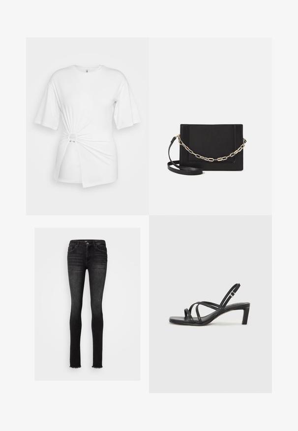 Balts T-krekls, kas izgatavots no mīkstas kokvilnas, ar īsām piedurknēm, priekšpusē ir pagrieztās mezgla detaļa un akcentējoša gredzena detaļa jostasvietā.; Melnas skinny džinsas, kas izgatavoti no denima, ar saplēstu apakšmalu, piecām kabatām un priekšējo pogu aizdari ar jostu cilpām.; Melnas strappy sandales ar kvadrātveida purngaliem un zemu bloku papēdi. Ievērojamas ar vairākiem plāniem siksniņām un regulējamu potītes siksniņu. Izgatavotas no gludas ādas.; Melna ādas crossbody soma ar gludu faktūru, taisnstūrveida formu un metalizētu ķēdes detaļu priekšā. Iekļauta regulējama siksna.
