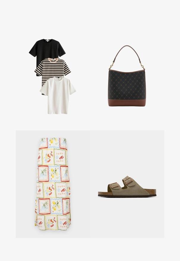 Drei T-Shirts: eines schwarz, eines weiß und eines gestreift in Schwarz und Beige. Alle haben kurze Ärmel und Rundhalsausschnitte und sind aus glattem Stoff gefertigt.; Maxirock aus leichtem Stoff mit einem bunten Mehrfachmuster, das Früchte und Küstenszenen in Pastellfarben und strukturierten Akzenten zeigt.; Helle taupe Wildledersandale mit zwei verstellbaren Riemen und rose-goldener Hardware. Korkfußbett auf einer strukturierten braunen Sohle. Offenes Zehendesign.; Schwarz-braune Handtasche mit strukturiertem Design, ausgestattet mit einem glatten Lederboden und einem oberen Griff mit goldfarbenen Hardwareelementen.