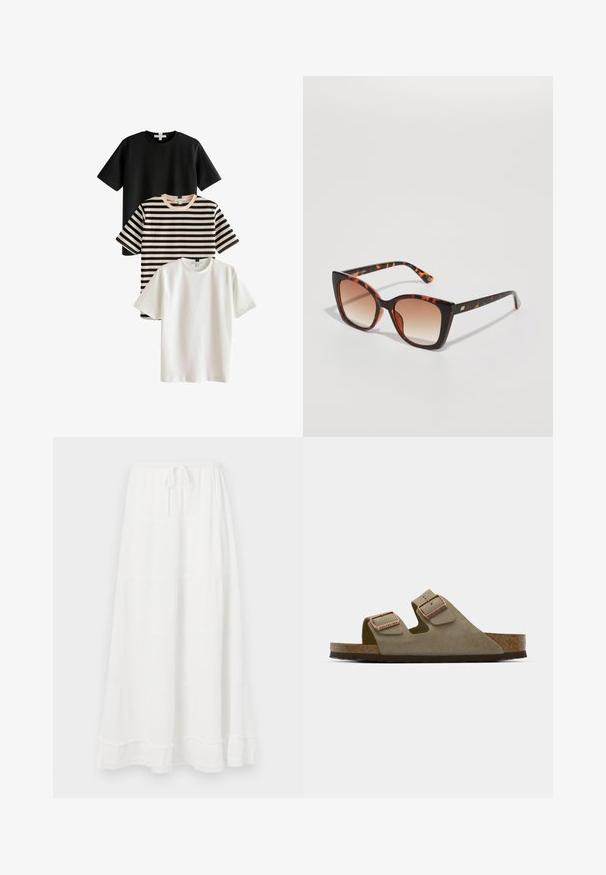 Trīs T-krekli: viens melns, viens balts un viens svītrains melnbalts. Visi ir ar īsām piedurknēm un apaļu kakla izgriezumu, izgatavoti no gludas auduma.; Balta, slāņota maxi svārki ar elastīgu jostu un saiti, ar teksturētu audumu un mežģīņu apdari pie apakšmalas.; Gaišs taupe zamšādas sandales ar divām regulējamām siksnām un rozā zelta detalizācijām. Korķa zole ar fakturētu brūnu apakšējo daļu. Atvērta pirkstu dizains.; Kameru formas saules brilles ar pārlieku lieliem kvadrātveida lēcu, gradienta brūnu tonējumu un gludām, spīdīgām kājiņām ar izsmalcinātiem metalizētiem akcentiem.