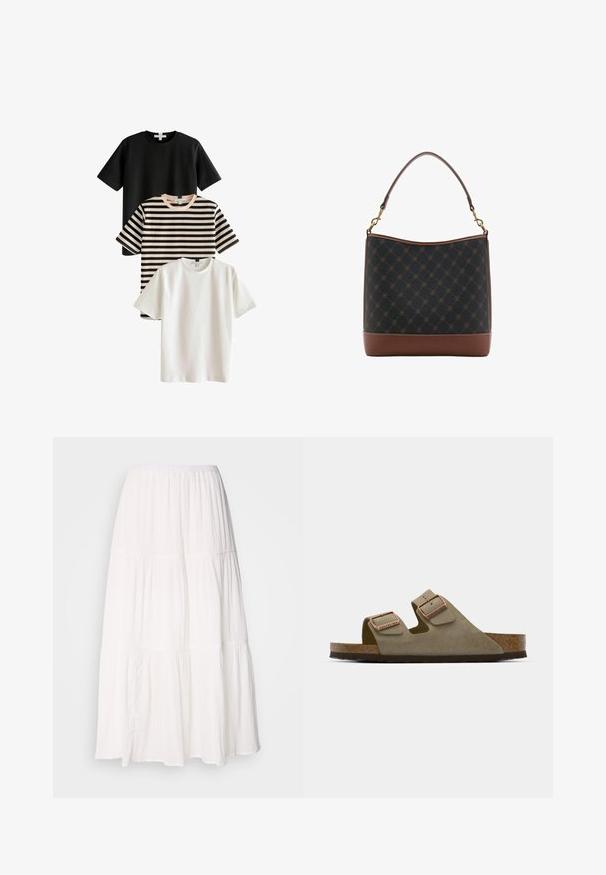 Drei T-Shirts: eines schwarz, eines weiß und eines gestreift in Schwarz und Beige. Alle haben kurze Ärmel und Rundhalsausschnitte und sind aus glattem Stoff gefertigt.; Weiße, gestufte Midikleid mit einem gerafften Bund, aus weich fließendem, leichtem Stoff mit leicht zerknitterter Textur.; Helle taupe Wildledersandale mit zwei verstellbaren Riemen und rose-goldener Hardware. Korkfußbett auf einer strukturierten braunen Sohle. Offenes Zehendesign.; Schwarz-braune Handtasche mit strukturiertem Design, ausgestattet mit einem glatten Lederboden und einem oberen Griff mit goldfarbenen Hardwareelementen.