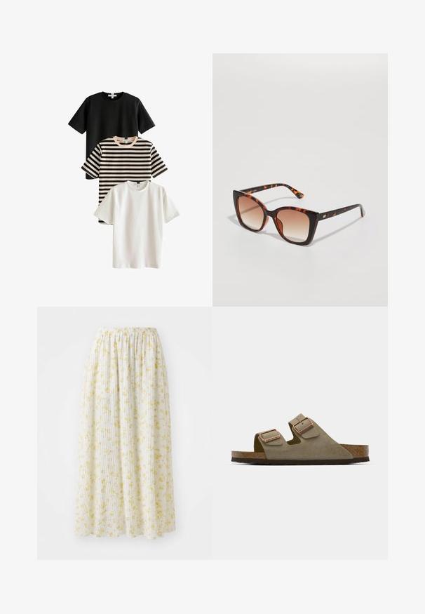 Kolm T-särki: üks must, üks valge ja üks must-beež triibuline. Kõikidel on lühikesed varrukad ja ümar kaelus, valminud siledast kangast.; Valge lilleline midi-seelik kollaste lilleprintidega, elastse vöökoha ja klappidega struktuuriga, valmistatud kergetest ja voolavatest kangast.; Heledad taupe suedsandaal, millel on kaks reguleeritavat rihma ja roosast kullast detailid. Korkpadi tekstureeritud pruunil tallal. Avatud varvaga disain.; Kilpkonnakuju prillid ülekaaluliste ruudukujuliste läätsedega, gradientpruun varjund ning sujuvad, läikivad käepidemed koos peente metallaktsentidega.