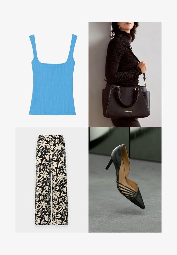 Kék bordás top széles négyzet alakú nyakkivágással, ujjatlan kivitelben és testhezálló szabásban. Simább textúra, gondosan varrott élekkel.; Fekete, bő szárú nadrág krém színű virágmintával. Könnyű anyagból készült, sima tapintású és magas derékrésszel rendelkezik.; Fekete, magassarkú cipő, hegyes orral, texturált külsejével és jellegzetes oldalsó kivágásaival, semleges háttér előtt bemutatva.; Fekete kézitáska texturált felülettel, dupla felső fogantyúval és állítható vállpánttal. Arany színű fém kiegészítők és oldalsó zsebek találhatók rajta.