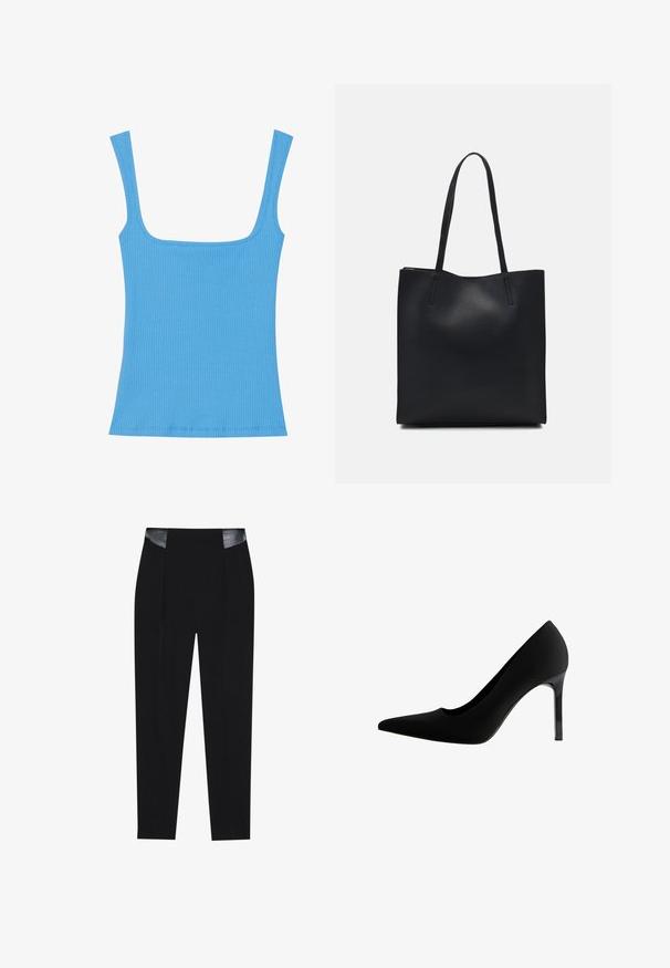 Modra rebrasta majica brez rokavov z širokim kvadratnim izrezom in prilegajočim silhuetom. Gladka tekstura z lepo prišitimi robovi.; Črne krojene hlače s sleek oblikovanjem, z pregibi spredaj in sijočimi črnimi usnjenimi detajli na pasu. Gladka tekstura tkanine.; Črne visokotlačne čevlje z ozkim nosom, gladkim mat materialom, vitkim stiletto petami in diskretno izrezano obliko na loku.; Črna usnjena torba s svilnato teksturo, pravokotne oblike in dvema dolgima ročajema. Brez vidnih metalnih delov ali okrasnih elementov.