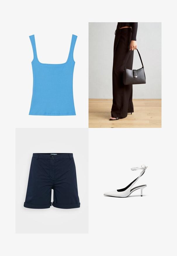 Niebieski podkoszulek z prążkowanego materiału, z szerokim kwadratowym dekoltem, bez rękawów i dopasowanym krojem. Gładka faktura z starannie wykończonymi krawędziami.; Granatowe szorty wykonane z bawełny, z podwiniętą nogawką, zapięciem na guzik i prostym przednim fasonem, bez widocznych wzorów lub akcentów.; Białe czółenka na słupku z odkrytą piętą i wąskim paskiem wokół kostki. Gładka skórzana powierzchnia, cienki obcas typu stiletto oraz czarne wnętrze.; Czarna torebka o usztywnionym kształcie, gładkiej fakturze i metalowym zapięciem. Połączona z szerokimi czarnymi spodniami i sandałami na otwartym palcu na drewnianej podłodze.