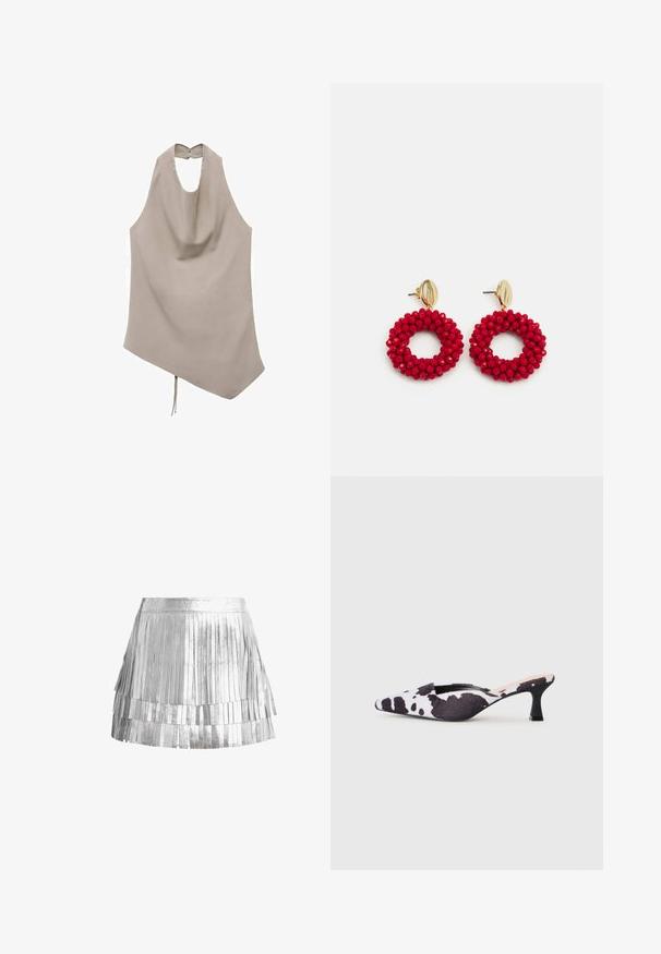 Asymetrický béžový top z hladkej látky, s halter výstrihom, drapovaným predným dielom a uzatváraním na gombík na chrbte, s detailom na viazanie na dolnom okraji.; Strieborná mini sukňa s třásňami vyrobená z kovového materiálu, s viacerými vrstvenými pruhmi třásní, priliehavým pásom a lesklým povrchom.; Sústredené lodičky s otvorenou pätou v čierno-bielom dizajne s kravskou potlačou. Textilný zvršok s textúrovaným povrchom a štíhly čierny podpätok.; Červené korálkové kruhové náušnice s textúrovaným povrchom a zlatým postranným zapínaním. Kruhový tvar s otvoreným stredom a zaoblenými detailmi z korálok.