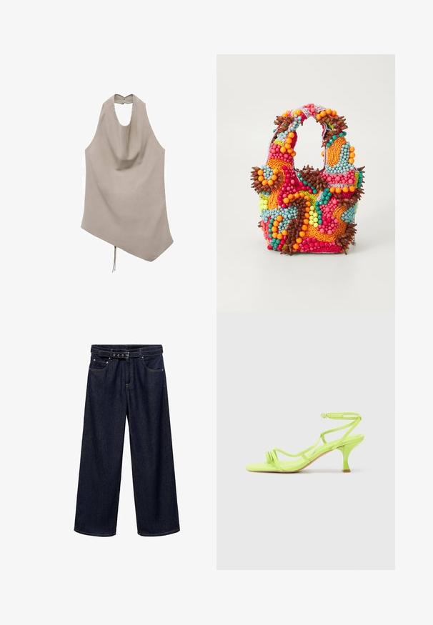 Asymmetrisches beige Oberteil aus glattem Stoff, mit Halterneck, drapiertem Vorderteil und Knopfverschluss auf der Rückseite sowie einer Bindeschleife am Saum.; Dunkelblaue, weit geschnittene Jeans aus Denim. Verfügt über einen mit Gürtel versehenen Bund mit mehreren Knöpfen, Fronttaschen und einen sauberen Abschluss an den Säumen.; Neongrüne High-Heel-Sandale mit quadratischer Zehenform, dünnen Riemen, Knöchelverschluss und geschwungener Absatz. Glattes Material mit glänzender Oberfläche.; Perlenhandtasche in lebhaften Farben: Pink, Orange, Blau und Braun. Strukturierte Oberfläche mit kreisförmigen Perlen und organischen Formen, stabile Griffe.