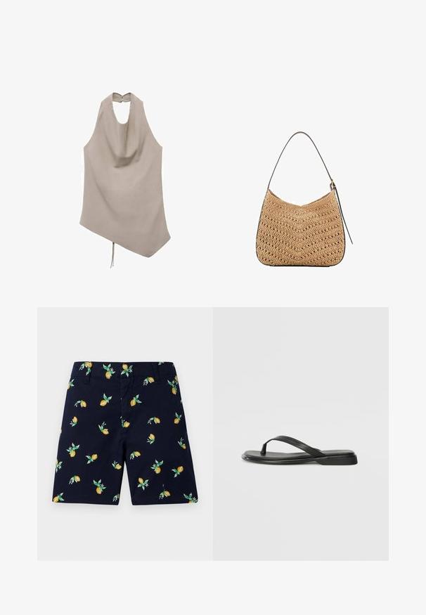 Asimetrična bež majica iz gladkega materiala, ima nalazišče za vrat, draperije spredaj in gumbasto zapiranje zadaj z detajlom vezi na robu.; Mornarsko kratke hlače z motivom limone in lista. Narejene iz lahkega materiala, s ravnim krojem in stranskimi žepi.; Črne japanke iz gladke usnjene materiale, z tankim trakastim dizajnom in ravnim podplatom minimalnega profila. Brez opaznih vzorcev ali dodatkov.; Tkanina iz slame za ramensko torbico s ukrivljeno obliko, ki ima temno usnjeno naramnico in teksturo s chevron vzorcem.; Zlato tonirane uši so oblikovane z nepravilnimi teksturiranimi oblikami, okrašene z zelenimi dragulji in belimi biseri, pritrjene s sponkami.