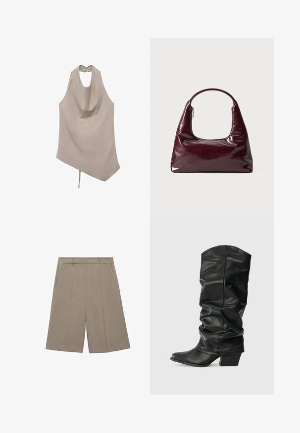 Asymetrický béžový top z hladkej látky, s halter výstrihom, drapovaným predným dielom a uzatváraním na gombík na chrbte, s detailom na viazanie na dolnom okraji.; Béžové plisované šortky s rovnym strihom, so závesnými pútkami a bočnými vreckami. Vyrobené z hladkého, ľahkého materiálu.; Čierne kožené čižmy po kolená so sklopeným dizajnom, špicatou špičkou a masívnym opätkom, s hladkým povrchom a minimálnym šitím.; Bordová kožená kabelka s lesklým povrchom, zaoblenou rúčkou a zipsovým vrchným otvorom; má štíhly, minimálny dizajn.; Červené korálkové kruhové náušnice s textúrovaným povrchom a zlatým postranným zapínaním. Kruhový tvar s otvoreným stredom a zaoblenými detailmi z korálok.