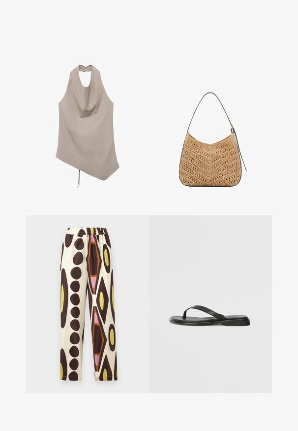 Asymetrický béžový top vyrobený z hladké tkaniny, s halter krkem, splývavou přední částí a zadním zapínáním na knoflík s mašlí na lemu.; Kalhoty s elastickým pasem z lehkého materiálu, s krémovým pozadím a velkými hnědými, žlutými, růžovými a oranžovými geometrickými vzory.; Černé žabky vyrobené z hladké kůže, s tenkým designem popruhu a plochou podrážkou s minimálním profilem. Žádné výrazné vzory ani akcenty.; Tkaná slaměná taška na rameno s zakřiveným tvarem, která má tmavý kožený popruh a texturovaný povrch s chevronovým vzorem.; Zlaté náušnice mají nepravidelné texturované tvary, zdobené zelenými drahokamy a bílými perlami, upevněné klipsovými uzávěry.