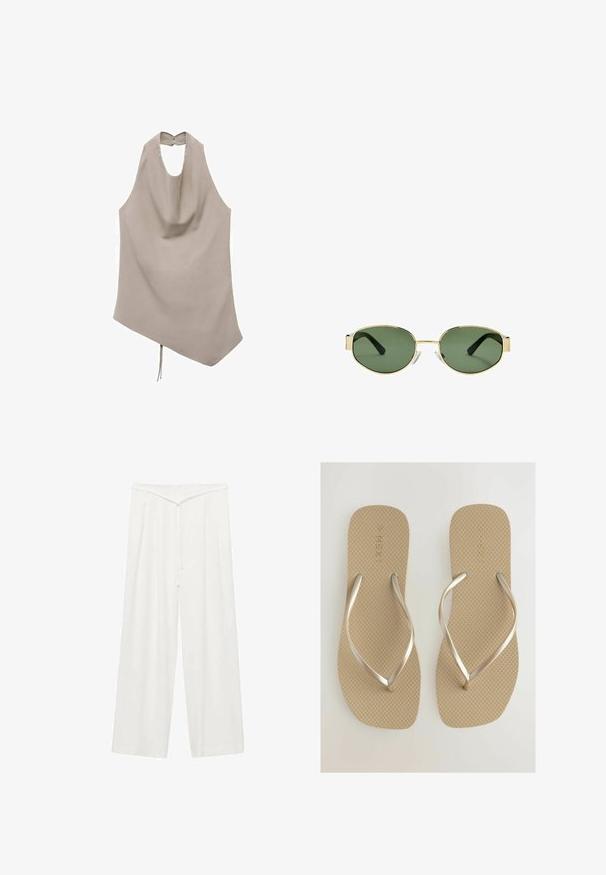Asimetrična bež majica iz gladkega materiala, ima nalazišče za vrat, draperije spredaj in gumbasto zapiranje zadaj z detajlom vezi na robu.; Beli široke hlače bele barve z visokim pasom, ki imajo vezi in mehak material ter sprednje nabore za dodatno strukturo. Minimalističen dizajn.; Bež japonke z teksturirano podplato in metallic srebrnimi trakovi. Preprost dizajn, ki vključuje ravno in široko podnožje za udobje.; Očala z zlatim kovinskim okvirjem, zelenimi lečami, ovalne oblike, črnimi uhani in prozornimi nosnimi blazinicami. Čist, minimalističen dizajn.; Rjava usnjena torba z gladko teksturo, zaobljeno obliko in dvema ročajema. Vsebuje zlat logo in majhno oznako, pritrjeno na torbo.