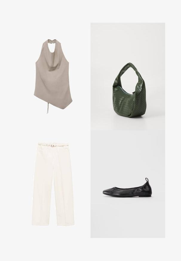 Asymetrický béžový top vyrobený z hladké tkaniny, s halter krkem, splývavou přední částí a zadním zapínáním na knoflík s mašlí na lemu.; Dámské bílé kalhoty s širokými nohavicemi vyrobené z bavlny, s páskem v pase, dvěma předními kapsami a hladkým povrchem. Disponují čistým, minimalistickým designem.; Černé kožené baletní střevíce s kulatou špičkou, na bocích s gumičkou a s poutkem na patě, vystavené na světlém pozadí.; Zelená tkaná kožená taška s prohnutou rukojetí a zipovým uzávěrem. Vyznačuje se texturovaným, vzorovaným povrchem a měkkým, volným tvarem.; Červené kroužkové náušnice pokryté korálky s texturovaným povrchem a pozlaceným uzávěrem. Kulatý tvar s otevřeným středem a zaoblenými detaily korálků.