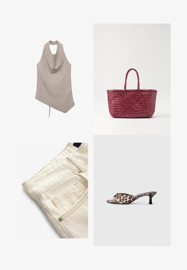Asymmetrical beige top made of smooth fabric, features a halter neck, draped front, and back button closure with a tie detail at the hem.; Cream-colored denim pants with a textured surface, featuring a small front pocket and contrasting stitching details. Ideal for casual wear.; Leopard-print mules with a low, black stiletto heel. Soft fabric upper featuring a knot detail at the front and a smooth, flat sole.; Woven tote bag in dark red with two sturdy handles, featuring a herringbone pattern and open top design. Made from natural materials.; Silver-tone earrings in a twisted hoop design, featuring a textured surface and ribbed detailing, secured with a post clasp.