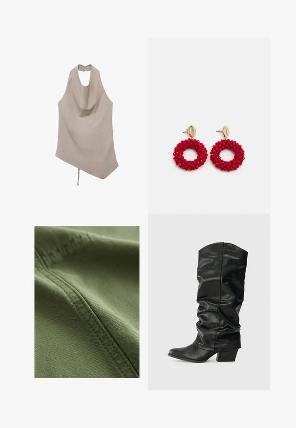 Haut asymétrique beige en tissu lisse, doté d'un col halter, d'un devant drapé et d'une fermeture à boutons au dos avec un détail noué à l'ourlet.; Next Short en jean - khaki green; Bottes noires en cuir, montantes jusqu'au genou, avec un design plissé, un bout pointu et un talon épais, présentant une texture lisse et des coutures minimales.; Boucles d'oreilles en forme de créoles avec des perles rouges, dotées d'une surface texturée et d'un fermoir en métal doré. Forme circulaire avec un centre ouvert et des détails en perles arrondies.