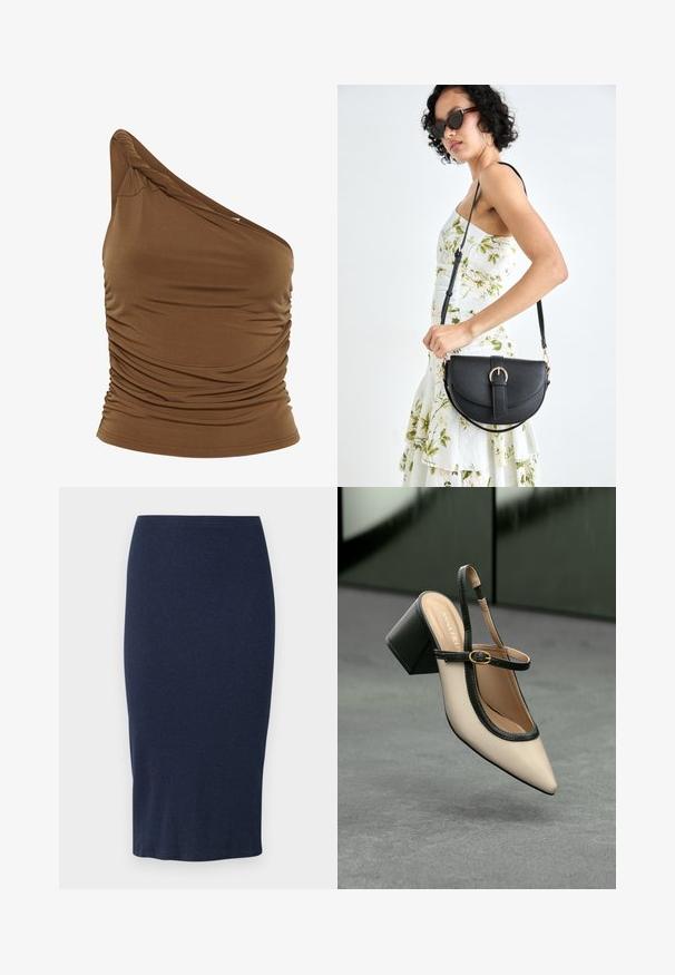 Top castanho de um ombro só em material macio e elástico, com detalhe franzido na lateral. Silhueta ajustada e textura suave.; Saia lápis de malha em azul marinho escuro, com silhueta ajustada, comprimento até à meia-canha e textura suave com um design simples e liso.; Sandal de biqueira pontuda em bege com acabamento preto, fivela dourada e um salto bloco sólido, em um chão cinza com fundo verde escuro.; Bolsa de couro preta com forma curva, alça destacável e detalhes em dourado. A bolsa possui uma aba com detalhe de fivela.