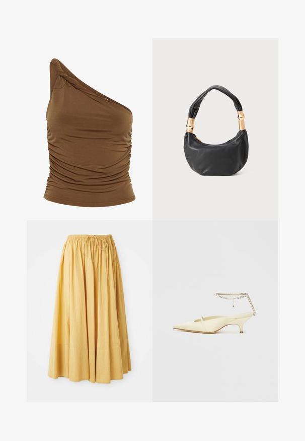 Brūns vienas pleca topiņš, izgatavots no mīksta, elastīga materiāla ar saplacinātu sānu detaļu. Pieguļošs siluets un gluda tekstūra.; Garš zils svārki ar elastīgu jostu un auklu. Izgatavoti no viegla auduma, ar sakārtotiem krokām, veidojot plūstošu dizainu.; Smaigu purngala dzeltena satīna slingback kurpe ar zemu papēdi un dekoratīvu ķēdes locītavas siksniņu, kurā ir rhinestone akmeņi. Gluda tekstūra, minimālistisks dizains.; Melnas ādas rokassoma ar apaļu formu, mīkstu tekstūru un mezgla rokturi, kas rotāts ar zelta tonētiem aksesuāriem. Ar rāvējslēdzēja aizdari.