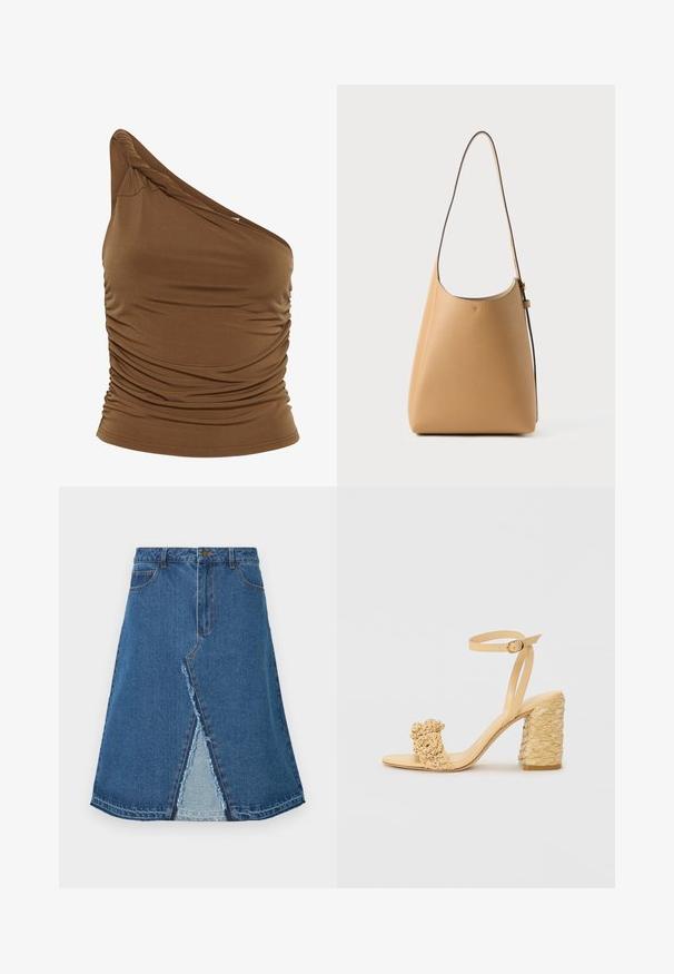 Bruine top met één schouder van zacht, rekbaar materiaal met geplooid detail aan de zijkant. Strakke pasvorm en gladde textuur.; Blauwe spijkerrok met een uitlopende vorm, voorzien van een split aan de voorkant en een rafelige zoom. Klassiek design met vijf zakken en een metalen knoopsluiting.; Beige hoge hak sandaal met een gevlochten textuur, voorzien van een decoratieve bloem en enkelbandje. Vierkante hak zorgt voor stabiliteit.; Leren schoudertas in lichtbruin met een gladde textuur, minimalistisch ontwerp, een enkele gebogen schouderband en subtiele hardwaredetails.