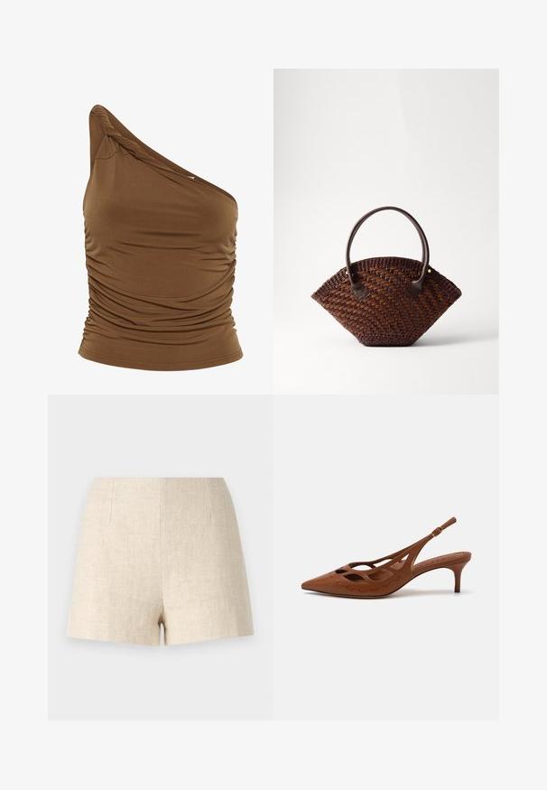 Rudas vieno peties palaidinė iš minkštos, tamprios medžiagos su susiraukšlėjimu šone. Prigludusi siluetas ir lygi tekstūra.; Šviesiai rudos lino šortai su aukštu liemeniu, turintys lygų paviršių, du priekinius raukšlėjimus ir tiesų kirpimą, minimalistinio dizaino be kišenių.; Rudas odinė slingback aukštakulnė su smailiu pirštu, išpjovimo dizainu ir siuvinėjimais. Turi siaurą kulną ir reguliuojamą dirželį.; Nertas rudas rankinė, turinti ventiliatoriaus formą, su tekstūruotu paviršiumi, dviem rudomis odinėmis rankenomis ir mažu auksiniu akcentu.