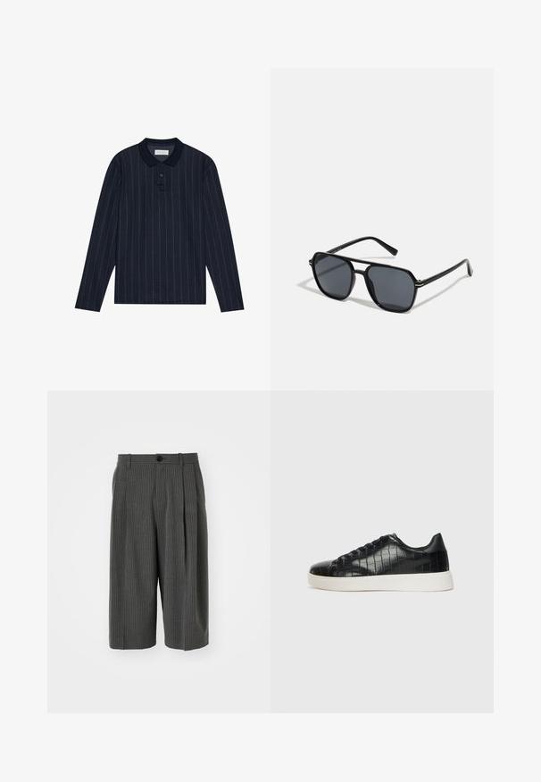 Jūras zila garo piedurknu polo krekls ar apkakles dekoltē, ar plānām vertikālām strīpām un trīs pogu aizdari. Mīkstas auduma tekstūra.; Pelēki svītraini plaša piegriezuma šorti ar pogu aizdari un krokām priekšā. Izgatavoti no strukturētas auduma, ar pielāgotu dizainu.; Melni sporta apavi ar teksturētu krokodila raksta ādas augšdaļu, noapaļotu pirkstu daļu un kontrastējošu baltu gumijas zoli ar gludu virsmu.; Melnas saules brilles ar astoņstūra rāmī, tumšiem stikliem, spīdīgu apdari, plānām kājām un zelta akcentiem priekšpusē.