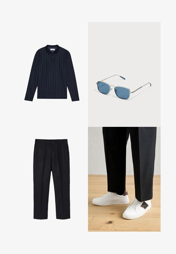 Sötétkék, hosszú ujjú pólóing, álló gallérral, vékony függőleges csíkokkal és három gombos záródással. Puha textúrájú anyag.; Fekete vászon nadrág, testre szabott fazonban, egyetlen elülső gombbal, redőkkel és egyenes szárakkal. Simább textúra, könnyű kivitel.; Fehér sneaker, sima textúrával, barna bőr díszítéssel és fekete részletekkel, fekete szabott nadrággal párosítva. Fából készült padló háttér.; Ezüst fém keretes napszemüveg, téglalap alakú kék lencsékkel és vékony karokkal. A templomhegyeken kék részletek találhatók.