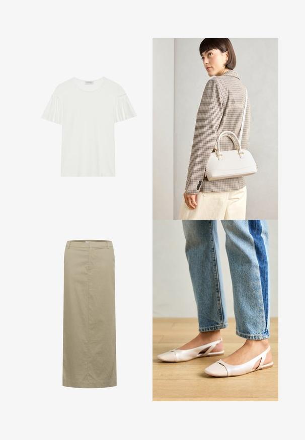 Balta marškinėliai su trumpomis, raukšlėtomis rankovėmis. Pagaminti iš švelnios, lygaus audinio. Turi apvalų iškirpimą ir subtilių siuvimo detalių.; Bežinė lino midi sijonas su lygiu liemeniu, šoninėmis kišenėmis ir tiesia siluetu, išsiskiriantis minimaliais siuvinėjimais ir nematoma aparatūra.; Šviesiai rožiniai slingback baleto bateliai su smailiu pirštu, pagaminti iš lygios odai panašios medžiagos. Yra išpjovimų detalės šonuose ir plokščias kulnas.; Balta struktūruota rankinė su trumpomis rankenomis ir peties diržu, su auksinėmis detalėmis ir tekstūruota medžiaga, pastatyta prieš pilką foną.