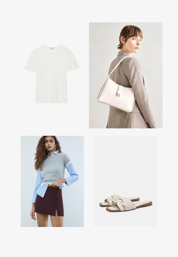 White T-shirt with short, ruffled sleeves. Made of soft, smooth fabric. Features a round neckline and subtle stitching details.; Young woman with long wavy hair wearing star earrings, a blue striped shirt with a gray short sleeve sweater, and a maroon skirt with a front slit.; Light beige slide sandals with woven straps, featuring a flat sole and minimalist design. Smooth texture with subtle color contrast accents.; White leather handbag with a structured design, featuring a magnetic clasp and a shoulder strap, showcased against a neutral background.