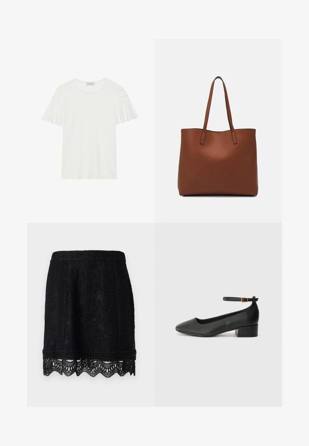 Fehér, rövid, fodros ujjú póló. Puha, sima anyagból készült. Kerek nyakkivágással és diszkrét varrási részletekkel rendelkezik.; Fekete csipkés mini szoknya bonyolult virágmintázattal, fodros szegéllyel és texturált felülettel a részletes megjelenés érdekében. Rugalmas derékpánttal rendelkezik.; Fekete bőr magassarkú cipő hegyes orral és alacsony tömb sarkal. Bokapánttal rendelkezik, aranyszínű csattal. Simább textúra.; Barna bőr vászontáska sima textúrával, nyitott tetejű dizájnnal és két vállpánttal. Minimális varrással és látható hardver nélkül készült.