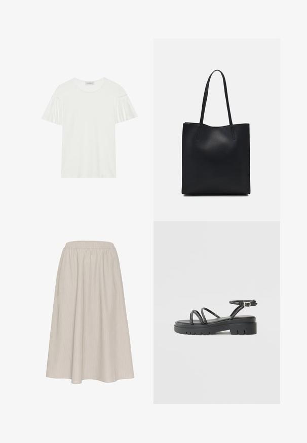 T-shirt blanc avec des manches courtes et volantées. Fabriqué en tissu doux et lisse. Présente un col rond et des détails de couture subtils.; Jupe longue beige clair, arrivant aux chevilles, avec une taille élastique. Elle présente des rayures verticales et un tissu fluide et texturé.; Sandale noire à lanières avec une semelle épaisse, dotée de fines lanières et d'une bride de cheville à boucle. Texture lisse avec un design de semelle extérieure robuste.; Sac fourre-tout en cuir noir avec une texture lisse, de forme rectangulaire et deux longues poignées. Pas de matériel ou d'ornementations visibles.