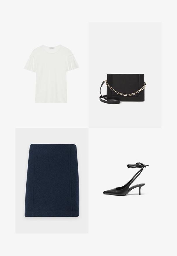 T-shirt branca com mangas curtas e franzidas. Feita de um tecido suave e liso. Apresenta um decote redondo e detalhes de costura discretos.; Saia mini de lã azul-marinho com forma reta, costuras planas e textura suave. Sem padrões ou adornos visíveis.; Shoe stileto de couro preto com bico fino, parte traseira aberta e tiras de tornozelo atadas em um laço. Salto fino de 7,5 cm. Textura suave, design minimalista.; Bolsa crossbody de couro preto com uma textura suave, forma retangular e um detalhe em corrente metálica na frente. Inclui uma alça ajustável.