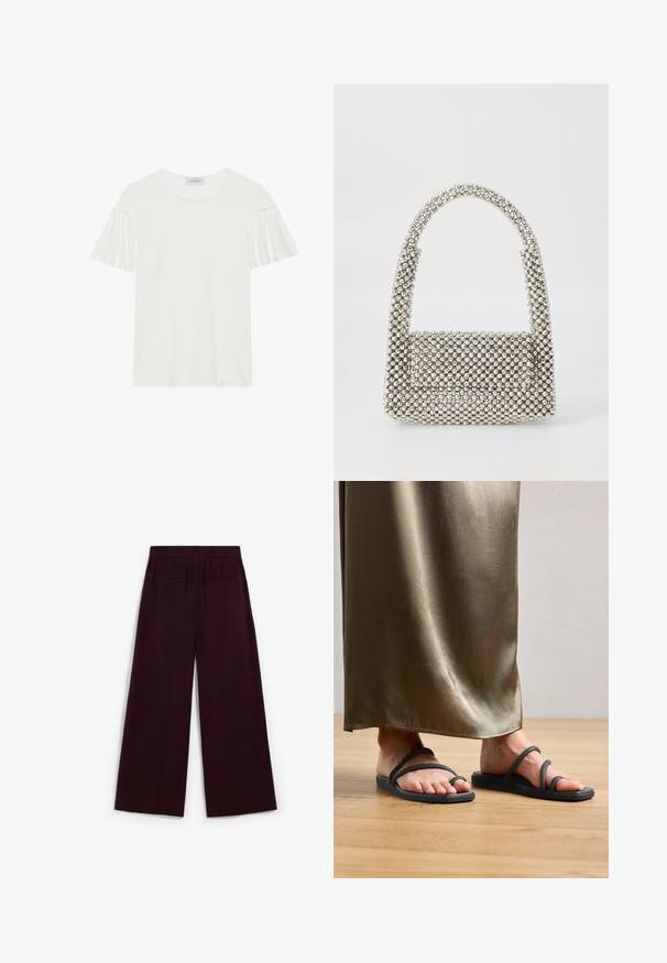 Biała koszulka z krótkimi, falbaniastymi rękawami. Wykonana z miękkiego, gładkiego materiału. Posiada okrągły dekolt i subtelne detale przeszycia.; Szerokie spodnie w głębokim burgundzie, z gładką teksturą, dwiema tylnymi kieszeniami i płaskim pasem.; Czarne gumowe klapki z dwoma cienkimi paskami, z jedną pętelką na palec. Ułożone na drewnianej podłodze obok satynowej oliwkowej spódnicy.; Srebrna torebka na koralikach z wygiętym uchwytem, prostokątną bryłą, pokryta lustrzanymi kamieniami, z klapą z przodu.