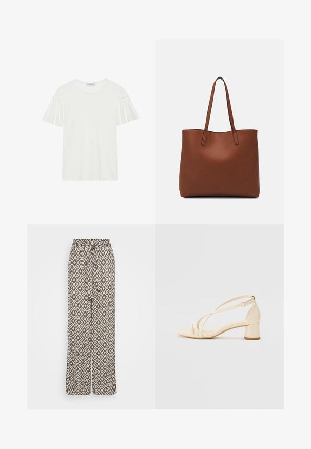 Vit T-shirt med korta, fladdriga ärmar. Tillverkad av mjukt, slätt material. Har en rund halsringning och subtila sömnadsdetaljer.; Breda byxor i lätt tyg med en brun bas och vita diamantmönster samt knytkrage för justerbar passform.; Beige klacksandaler med blockklack, remdesign och justerbart ankelsnöre, tillverkade av slätt syntetmaterial med matt yta.; Brun läder tote-väska med en slät textur, öppen toppdesign och två axelremmar. Har minimal söm och ingen synlig metalldetalj.