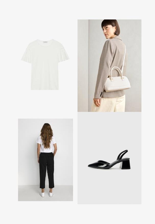 T-shirt blanc avec des manches courtes et volantées. Fabriqué en tissu doux et lisse. Présente un col rond et des détails de couture subtils.; Femme aux cheveux longs et ondulés portant un t-shirt blanc, un pantalon noir court et des baskets blanches, se tenant devant un mur blanc uni.; Escarpins en cuir verni noir avec bout pointu et talon bloc géométrique. Présente un design élégant et minimaliste ainsi qu'une texture lisse.; Sac à main structuré blanc avec de courtes poignées et une bandoulière, doté de accents en métal doré et d'un matériau texturé, présenté sur un fond gris.