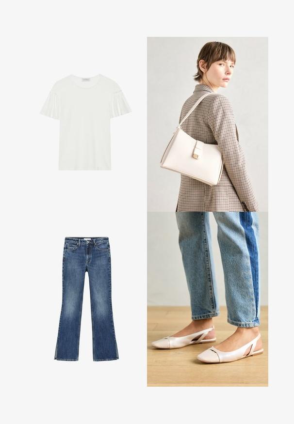 Tricou alb cu mâneci scurte și volănașe. Creat dintr-un material moale și neted. Are un decolteu rotund și detalii subtile de cusătură.; Jeans din denim albastru clasic cu croi evazat, cu un spălare medie, având talie ajustată, două buzunare frontale și tivuri despicate la gleznă.; Sandalete plate de un roz pal cu vârf ascuțit, realizate dintr-un material asemănător pielii, neted. Prezintă detalii decupate pe laterale și un toc plat.; Geantă de mână din piele albă cu un design structurat, având o închidere magnetică și un breteau, expusă pe un fundal neutru.