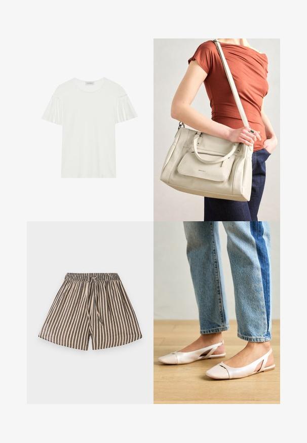 T-shirt branca com mangas curtas e franzidas. Feita de um tecido suave e liso. Apresenta um decote redondo e detalhes de costura discretos.; Calções risçados com um cós elástico, apresentando riscas verticais em bege e azul marinho. Tecido suave, design casual e detalhe de laço à frente.; Sapatilhas slingback de cor rosa pálido com bico fino, feitas de um material semelhante a couro liso. Apresentam detalhes recortados nas laterais e um salto plano.; Bolsa de couro branca com alças duplas e uma alça destacável, apresentando um bolso frontal com fecho e textura suave. A bolsa está a ser carregada no braço de uma pessoa.