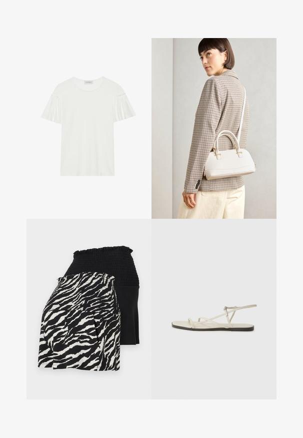Bijela majica s kratkim, nabranim rukavima. Napravljen od mekog, glatkog materijala. Ima okrugli izrez i suptilne šavove.; Kratke hlače u crno-bijeloj kombinaciji s naboranom elastikom u struku, s jedne strane s uzorkom zebre, a s druge strane od čvrste crne tkanine.; Bež sandala na ravnom potplatu s više tankih trakica i podesivom kopčom. Potplat je ravan s blagim tamnim kontrastom na rubu.; Bijela strukturna torba s kratkim ručkama i remenom za rame, s zlatnim metalnim detaljima i teksturiranim materijalom, prikazana na sivoj pozadini.